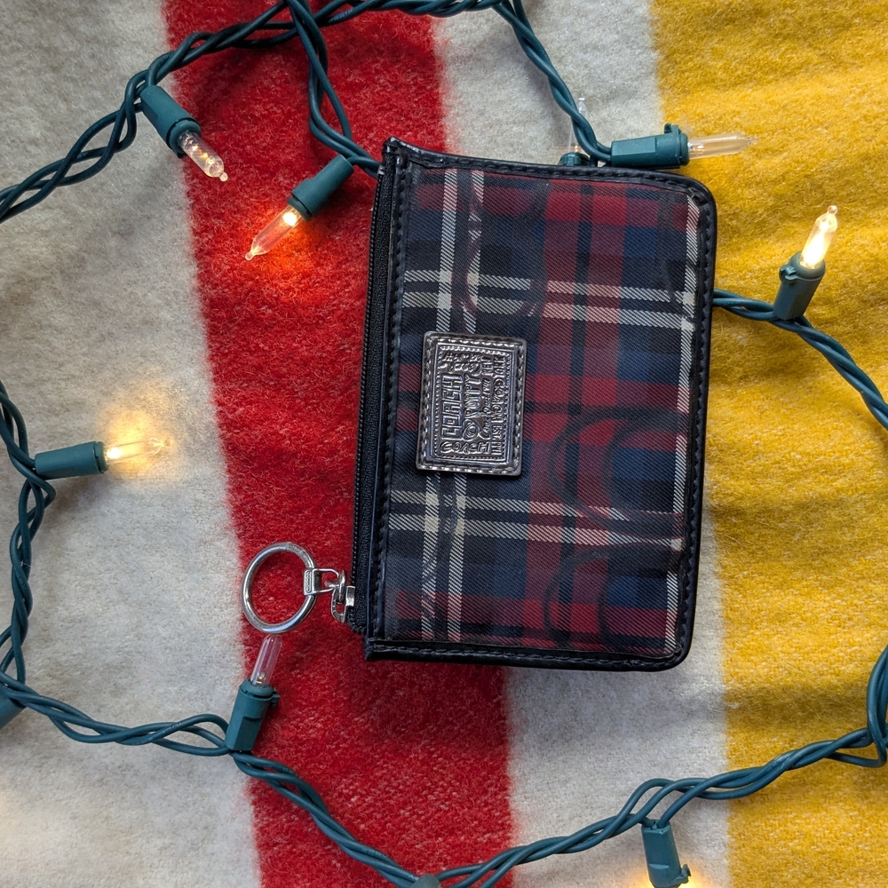 Coach Black and Red Plaid Wallet with Keyring